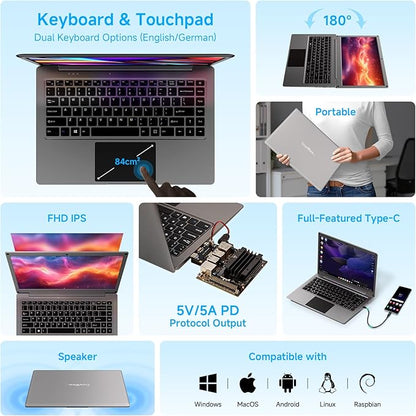 ELECROW Portable Monitor with Keyboard, 14 Inch Lapdock Display with Built-in Battery, 1080P FHD USB C Monitors with RPi5 & Jetson Adapters Compatible with Raspberry Pi, PC, Phone, Mac, Game Console