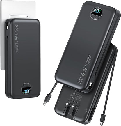 aonidi 20000mAh Ultra-Portable-Charger-Power-Bank PD20W with Built in Cables&AC Wall Plug,Fast Charging Cell Phone Charger Battery Pack,LED Display Travel Battery Bank for All iPhone,Samsung,Android