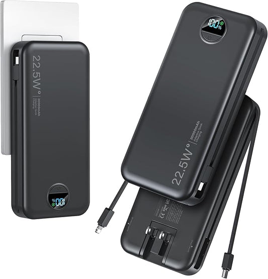 aonidi 20000mAh Ultra-Portable-Charger-Power-Bank PD20W with Built in Cables&AC Wall Plug,Fast Charging Cell Phone Charger Battery Pack,LED Display Travel Battery Bank for All iPhone,Samsung,Android