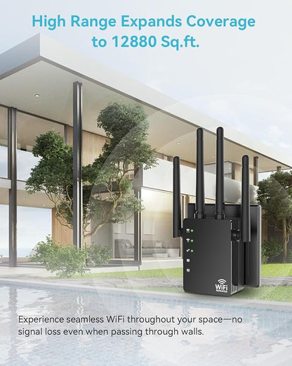 105-Device Compatible WiFi Extender Signal Booster, WiFi Extender, 12880 Sq.Ft Long Range, Dual Band 5GHz/2.4GHz 1200Mbps, Simple Installation for Home & Outdoor