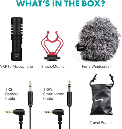 Movo VXR10 Universal Shotgun Mic for Camera - Camera Microphone for DSLR, iPhone and Android Smartphones - Compatible with Canon EOS, Nikon, and Sony Cameras - with Shock Mount, Deadcat Windscreen