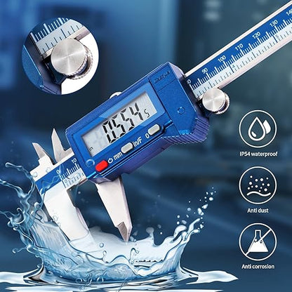 Dasqua 6” IP54 Digital Caliper, Stainless Steel Water-Resistant Precision Measuring Tool with Large LCD, Inch/Metric/Fraction Switch, Resolution 0.0005"/0.01mm/1/128, Accuracy ±0.001"/0.02mm