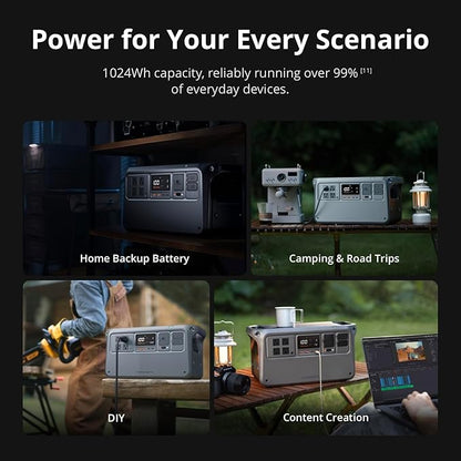 DJI Power 1000 V2 Portable Power Station, 1024Wh LFP Battery, Compact Size, 2600W Stable Output, 0-80% Recharge in 37 Mins, Electric Generator for Home, Camping, RVs, Off-Grid