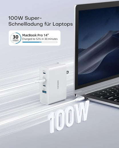 Topadre 100W USB C Travel Charger, 4-Ports Foldable Travel Adapter Plug Converter with UK/EU/AU Plugs,Fast Charging for Macbook Pro/Air,for iPad Pro/iPhone 16/15 Pro Max, for 45w Samsung Galaxy, White