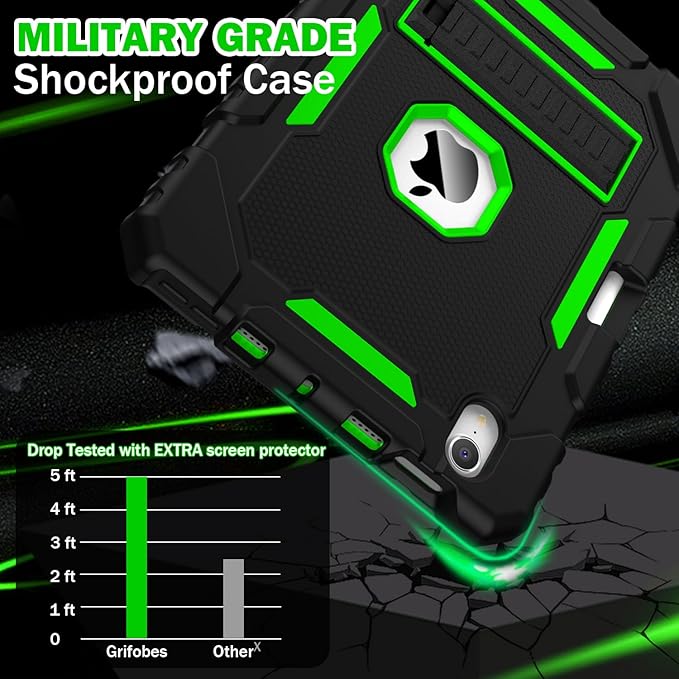Grifobes Case for iPad mini 7 (A17 Pro) 2024 / Mini 6 2021 8.3 inch, Heavy Duty Shockproof Rugged Cover with Pencil Holder Stand, for I Pad Mini7th/6th Gen 8.3" Case for Kids Boys (Black+Green)