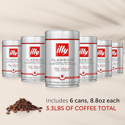 illy Whole Bean Coffee, Classico Medium Roast, 100% Arabica, Premium Italian Coffee, Ideal for Espresso, Drip, Moka and French Press Brewing, 8.8oz, 6 Pack