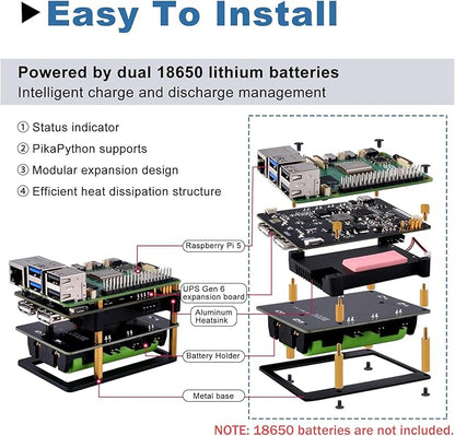 GeeekPi UPS Gen 6 Power Supply Uninterruptible UPS HAT for Raspberry Pi 5/4B, with Aluminum Heatsink