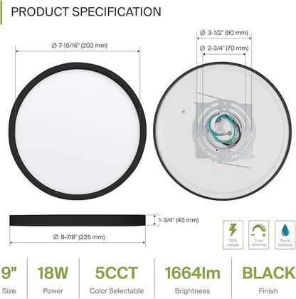 ASD LED 9" Round Flush Mount Ceiling Light Fixture, Low Profile Surface Lighting | 5CCT, Dimmable, Ultra-Thin, ETL Listed | 18W 1660LM 2700-6000K 120V | Kitchen, Bedroom, Hallway Lamp | Black, 6 Pack