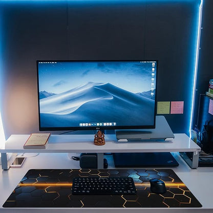 Eflxamz Large Gaming Mouse Pad,Golden Lines Honeycomb Technology Desk Mat,Honeycomb Technology Desk Pad,Extended Computer Keyboard Mouse Pad with Non-Slip Base and Stitched Edge,35.4"x15.7"