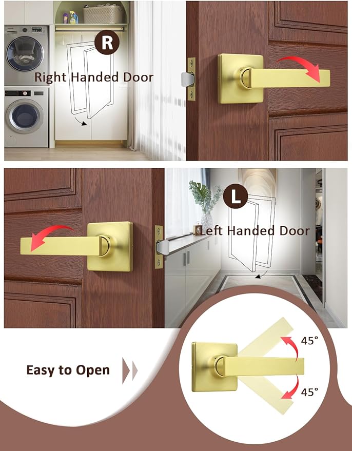 Mengico 4 Pack Passage Door Levers Gold Finish, No-Locking Keyless Square Door Knob, Interior Door Handles for Closet and Hallway, Reversible for Left & Right Handed
