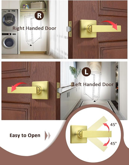 Mengico 8 Pack Passage Door Levers Gold Finish, No-Locking Keyless Square Door Knob, Interior Door Handles for Closet and Hallway, Reversible for Left & Right Handed