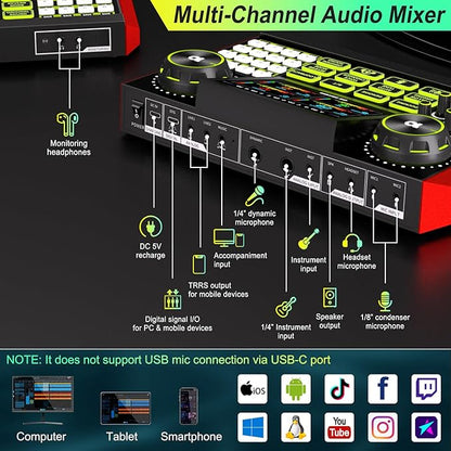 Podcast Microphone Bundle with Live Sound Card Audio Mixer, Podcast Equipment Bundle Sound Board with 3.5mm Condenser Microphone(P15) for Pc/Phone Live Streaming Singing Gaming,Voice Changer, Denoise