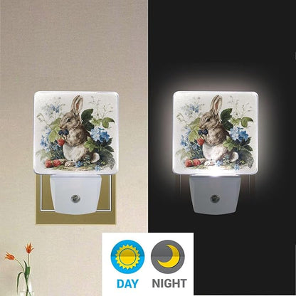 Pigsaly Led Night Light Watercolor Rabbit Strawberries Night Light Plug in Wall Lamp Smart Dusk to Dawn Sensor Nightlight Led Lamp Energy Saving Lights Gift for Kids Room Bedroom Bathroom Hallway