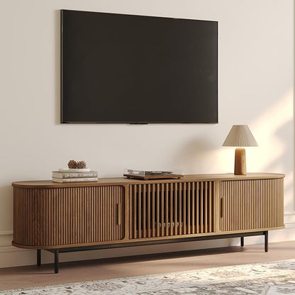 POVISON Fully-Assembled Mid Century Modern TV Stand for 75 inch TV, Sliding Door Entertainment Center with Storage, Wood TV Console, Media Console for Living Room Bedroom(Walnut, 78.74")