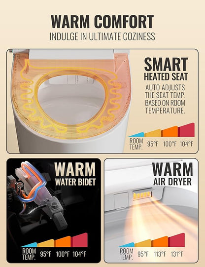Luoware Smart Toilet with Bidet Built in, Luxury One Piece Elongated Bidet Toilet, Auto Open/Close/Flush, Foot Sensor Operation, Built-in Tank & Booster Pump, Heated Seat, Massage Wash, Night Light