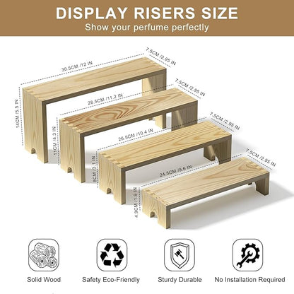 2 Set Large Wooden Tiered Riser Display Stands for Vendor Events,Stackable Perfume Organizer Cologne Stand for Men Women,Wooden Cupcake Dessert Stand,Wood Dessert Table Display Set,Food Display Risers for Party（12-11.2-10.4-9.6IN）