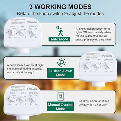 TREEWELL 2 Pack 240-Degree Replacement Motion Sensor, Adjustable LUX(5-300) & Time & Detection Sensitivity Up to 60 Feet Range, 3 Working Modes Outdoor Motion Detector for Security Floodlight, White