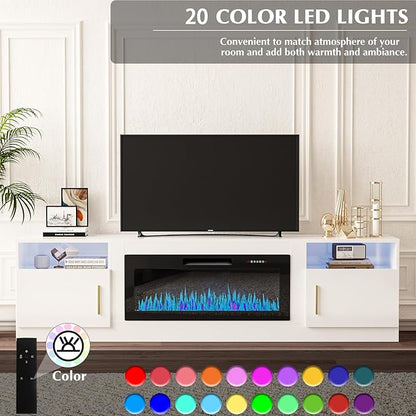 VITESSE TV Stand with 36" inch Electric Fireplace Up to 90" TVs, LED Light Entertainment Center, 80" Modern Wood High Gloss Fireplace with Highlight Storage Cabinet for Living Room (White)
