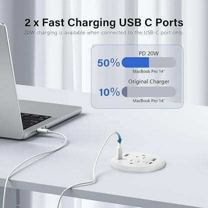 Desktop Power Grommet 3-inch Hole,40W Total Fast Charging Station, 2 PD 20W USB C Port,Flush-Mount Recessed Power Strip, 2 AC Outlets,4 USB Ports,in to The Top of Your Desk,6ft Cord