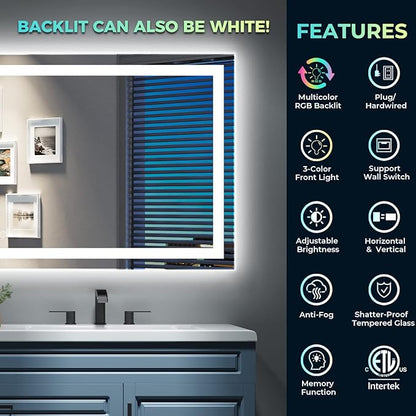 YEELAIT 60x40 Inch RGB LED Bathroom Mirror Front Light and RGB Backlit Lighted Vanity Mirror for Bathroom Wall Mounted Dimmable Anti Fog Memory Shatter-Proof IP54 Waterproof Horizontal/Vertical