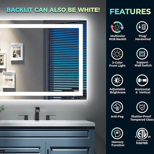 YEELAIT 36x30 Inch RGB LED Bathroom Mirror Front Light and RGB Backlit Lighted Vanity Mirror for Bathroom Wall Mounted Dimmable Anti Fog Memory Shatter-Proof IP54 Waterproof Horizontal/Vertical