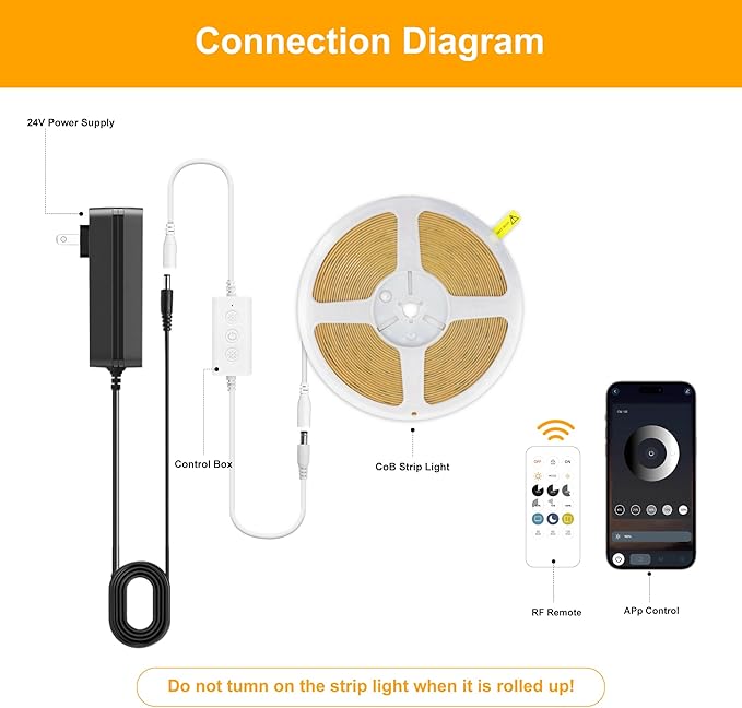 Pandery COB LED Strip Lights Cool White,24V Dimmable led Light Strip KIT with Remote and app Control,6000K 9.84FT/3m 8mmwide Ra>90 Cuttable Flexible Strip Lights for Bedroom,Wardrobe,Cabinet