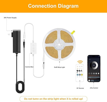Pandery COB LED Strip Lights Warm White,24V Dimmable led Light Strip KIT with Remote and app Control,3000K 25FT/7.5m 8mm Wide Ra>90 Cuttable Flexible Strip Lights for Bedroom,Wardrobe,Cabinet