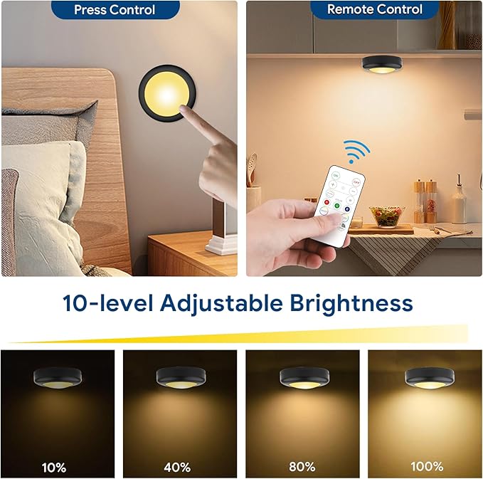 Yiliaw 6 Pack LED Puck Lights Remote Control 16 Color Changeable Under Cabinet Lights, Battery Operated Lights Night Light with Dimmer & Timmer for Closet Bedroom Kitchen, Black