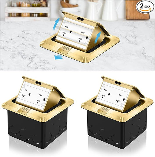 Vagueior Pop Up Floor Electrical Outlet Stainless Steel Box Kit, 20A TR Receptacle Outlet，Tamper-Resistant Receptacle Outlet, ETL Certified,Gold(2 Pack)