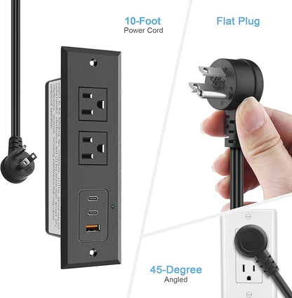 CCCEI Recessed Power Strip with Two USB-C Ports, Fast Charging USB A Port Desk Outlet, Black Furniture Hidden Charging Station for Side Table, End Table, with 10 FT 45 Degree Flat Plug Extension Cord.