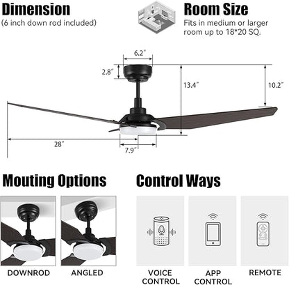 SMAAIR 56 Inch Smart Ceiling Fan with Light, 3 Blade Low Profile Ceiling Fan with Light and 10 Speed DC Motor, works with APP/Alexa/Google Assistant/Siri Shortcuts (Dark Walnut Wood)