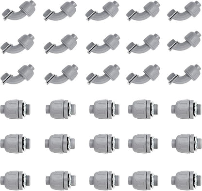 3/4 inch Liquid Tight Connector PVC Flexible Conduit Connector UL Listed Liquid Tight Connector Non-Metallic Electrical Conduit Fittings 30 Pack (15 Pcs 180D/15 Pcs 90D)