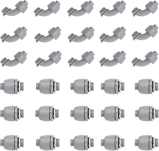 3/4 inch Liquid Tight Connector PVC Flexible Conduit Connector UL Listed Liquid Tight Connector Non-Metallic Electrical Conduit Fittings 30 Pack (15 Pcs 180D/15 Pcs 90D)