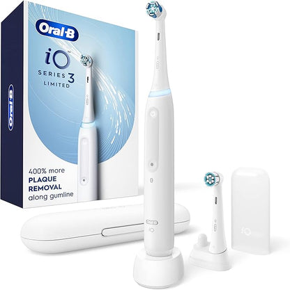 Oral-B iO Deep Clean Rechargeable Electric Toothbrush, White, iO Series 3 Limited, 2 Brush Heads, Travel Case, Pressure Sensor, 3 Cleaning Settings, 2-Minute Timer