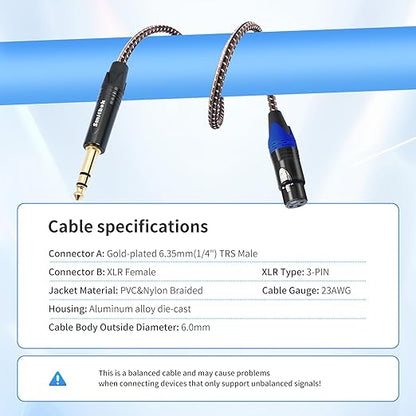 Smithok 1/4 to XLR Cable,Heavy Duty Nylon Braided,Gold Plated Plug,Balanced 1/4" TRS (Quarter Inch 6.35mm) to 3pin XLR Female Patch Cable, Microphone Cable, for Speaker,Mixer-10ft(3M)