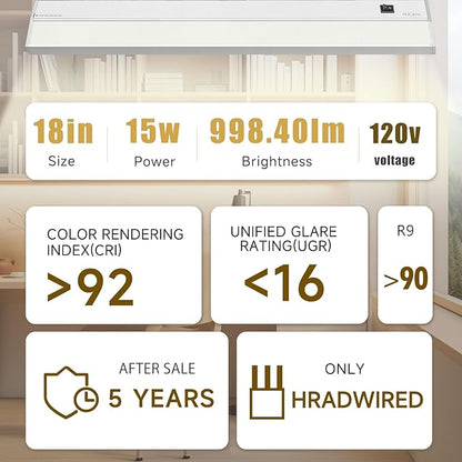 Ansen Hardwired Under Cabinet Lighting, 18inch 15W LED Light for Kitchen/Closet, 998.4lm, CRI>92, R9>90, Dimmable, 3 Color Temperature, 3000K/4000K/5000K(Warm White, Cool White, Daylight)