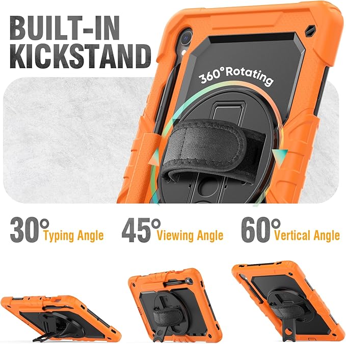 HXCASEAC Case for Galaxy Tab S10 FE / S9 FE 5G 10.9 inch, Shockproof Design with Screen Protector, 360° Hand Strap Stand, S Pen Holder, Heavy Duty Protective Samsung S9 FE / S10 FE Tablet Case,Orange