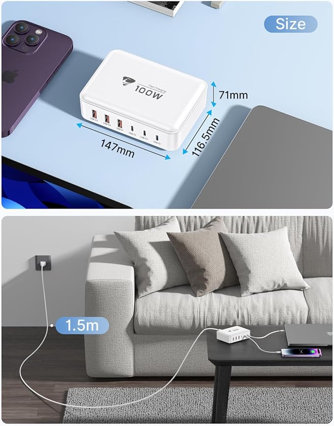 Aiminu USB C Charger Block Charging Station 6-Port 100W GaN USB C Fast Charging for Multiple Devices PD 3.0 Type C & USB A Wall Charger Power Adapter for All iPhone iPad Samsung Android Pixel Series
