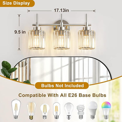 EJIAXIN 3 Light Crystal Bathroom Light Fixtures, Brushed Nickel Vanity Mirror Lights, Crystal Bath Vintage Wall Mounted Lamps Wall Light Fixtures for Bathroom, Living Room