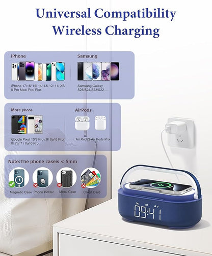 COLSUR Bluetooth Speaker Alarm Clock with Wireless Charger, FM Radio, Adjustable LED Night Light, 6 in 1 Bedroom Portable Speaker 2500mAh, Phone Stand for Bedside, Home, Office, Gift (Blue)