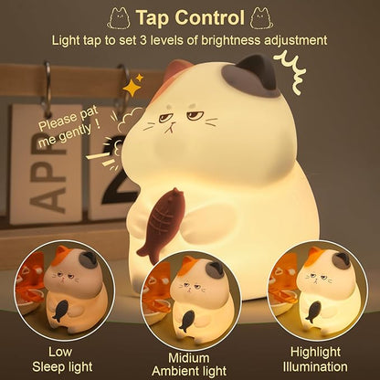 FAMIDUO Greedy Cat Night Light for Kids,3 LevelsDimmable Cute Kitty Nursery Nightlight with Touch ColorChange, Squishy Silicone Rechargeable Bedside Lampfor BabyPregnant Mom/Elderly/Adults