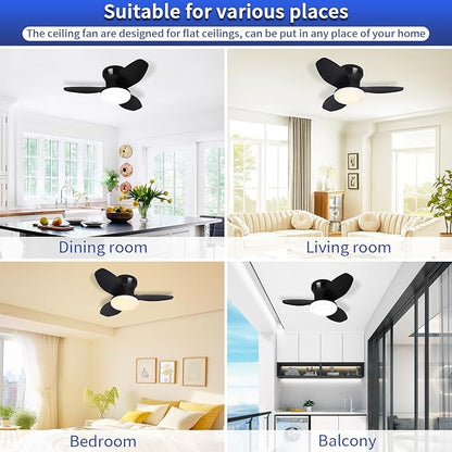 Glowall Small Ceiling Fan with Lights, 25" Flush Mount with Remote Control, Reversible Quiet DC Motor, Black, 3 Blades, 6 Speeds, Dimmable LED, Adjustable Color Temperature, Timer