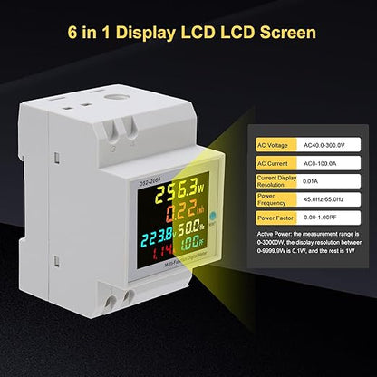 D52-2066 Single Phase Energy Meter with LCD Display Din Rail Electricity Usage Monitor for Voltage Current Power KWh Frequency Power Factor - 220V AC 40V-300V 100A Household & Industrial Use