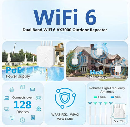 Mugatol AX3000 Outdoor WiFi 6 Extender - Outdoor Access Point - Long-Range Dual Band WiFi, IP67/PoE/5 Antennas for Events, Commercial Use | Starlink-Compatible