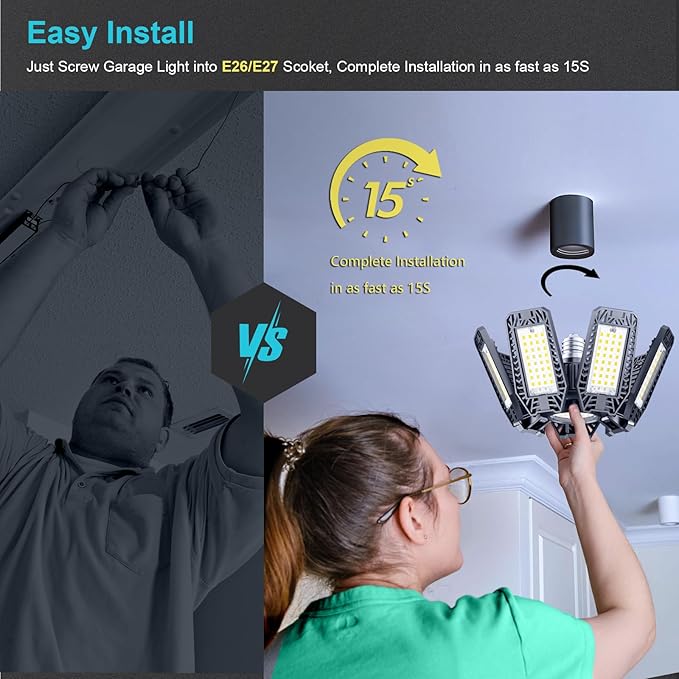 CHENGCHILIT LED Garage Light - 200W 20000LM 6500K LED Garage Ceiling Lights with 7+1 Adjustable Panels, Shop Lights Screw in E26 E27 Bulb Socket for Workshop, Storage Room, Basement, Warehouse