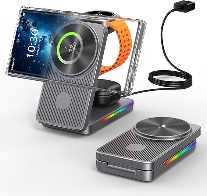 3 in 1 Magnetic Wireless Charger for Samsung, Foldable MagSafe Wireless Charging Station for Samsung Galaxy S25Ultra/Z Fold7/Flip7/S24, Watch Charger for Galaxy Watch 8/Ultra/7/6/5/4/Buds (Grey)