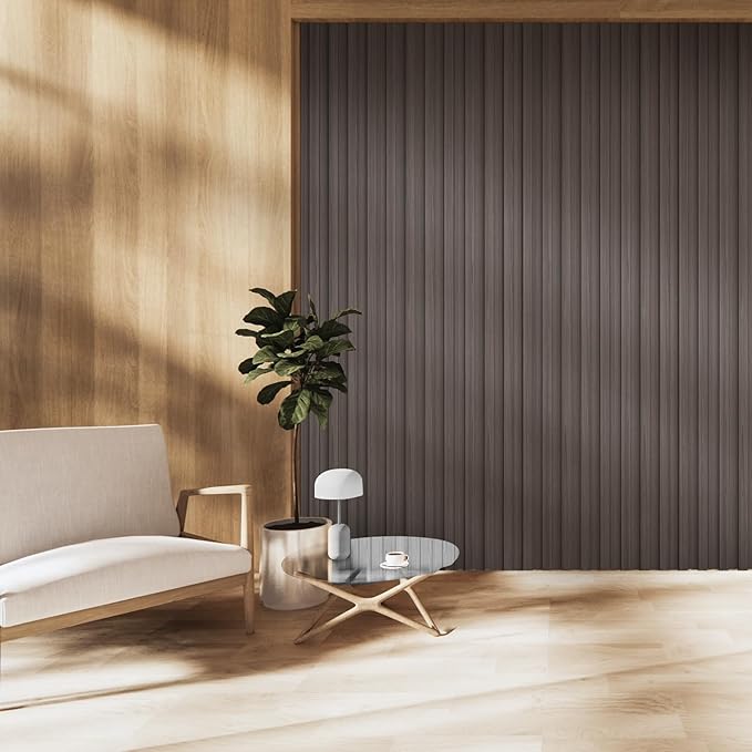 OUZUGIE WPC Acoustic Slat Wall Paneling, 8-Pack 114 x 6 Inches 3D Wall Panels for Interior Wall Decor,Living Room,TV Background,Study Room,Office Spaces,Bedroom,High Grille (Walnut)