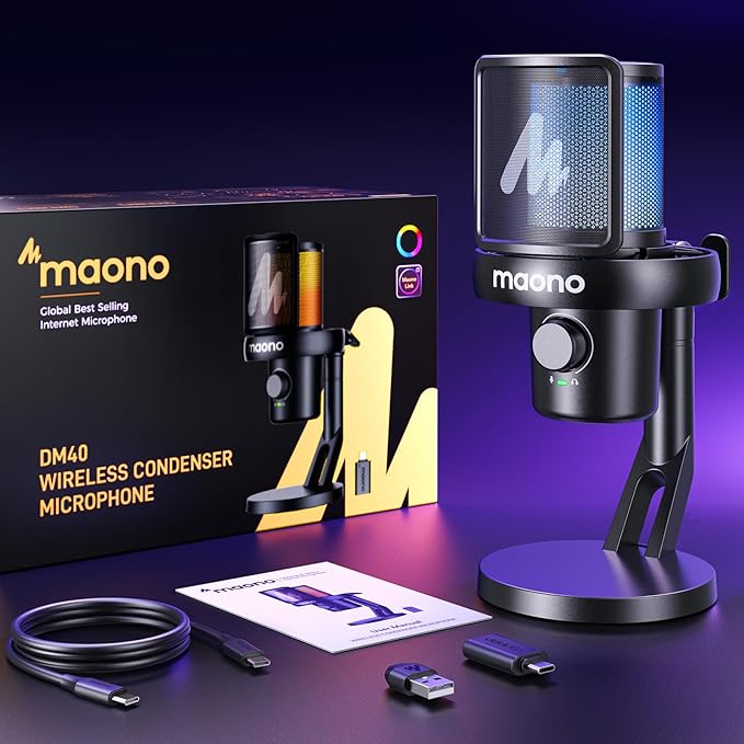 MAONO Wireless Microphone for PC,Gaming Streaming Condenser Mic with Software AI Voice Change,3-Level Noise Cancellation,Custom EQ,Gain Control USB Mic for Podcast Recording (DM40-Black)