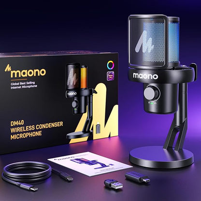 MAONO Wireless Microphone for PC,Gaming Streaming Condenser Mic with Software AI Voice Change,3-Level Noise Cancellation,Custom EQ,Gain Control USB Mic for Podcast Recording (DM40-Black)