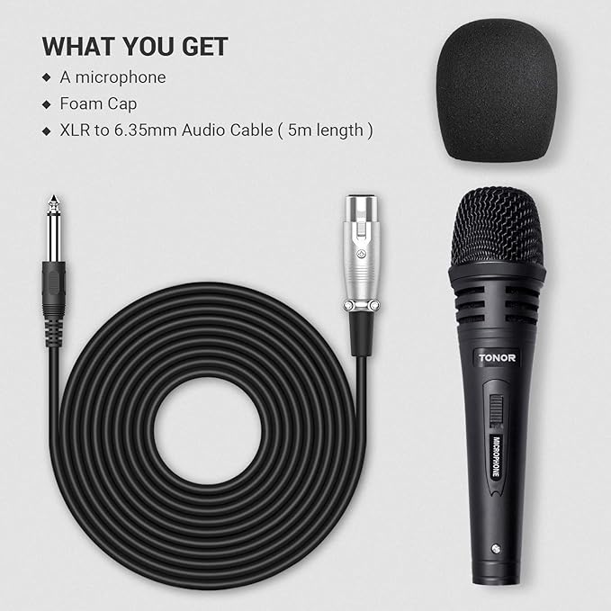 TONOR K1 Vocal Microphone for Singing, Dynamic Handheld Wired Karaoke Mic, Microfono with 5M XLR to 1/4" Cable, Compatible with Amp, Mixer, Suitable for Speech, Karaoke and Outdoor Activities